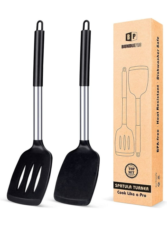 Bundlepro Pack of 2 Silicone Spatulas Turners, Non Stick Slotted and Solid Kitchen Utensils, Black