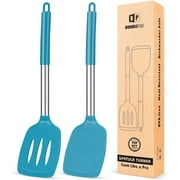 Bundlepro Pack of 2 Silicone Spatulas Turners, Non Stick Slotted and Solid Kitchen Utensils,Blue