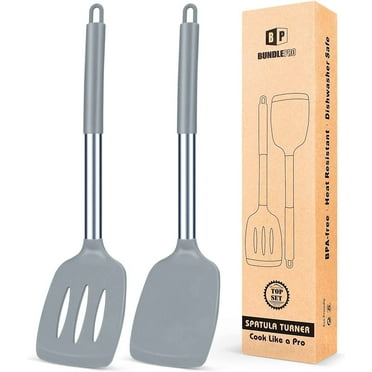 Bundlepro Pack of 2 Silicone Spatulas Turners, Non-Stick Slotted and Solid Kitchen Utensils, Gray