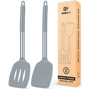 Bundlepro Pack of 2 Silicone Spatulas Turners, Non-Stick Slotted and Solid Kitchen Utensils, Gray