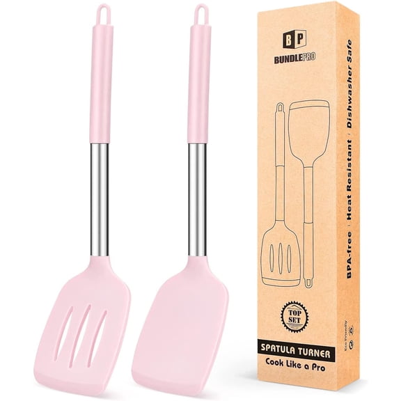 Bundlepro Pack of 2 Silicone Spatulas Turners, Non Stick Slotted and Solid Kitchen Utensils,Pink