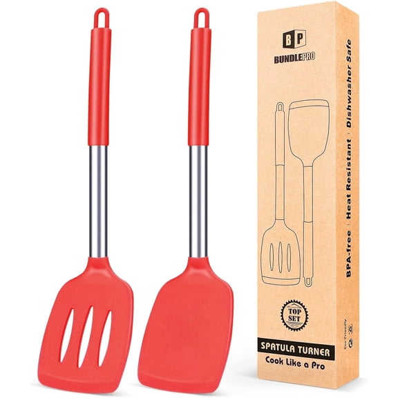 Bundlepro Pack of 2 Silicone Spatulas Turners, Non Stick Slotted and Solid Kitchen Utensils,Red