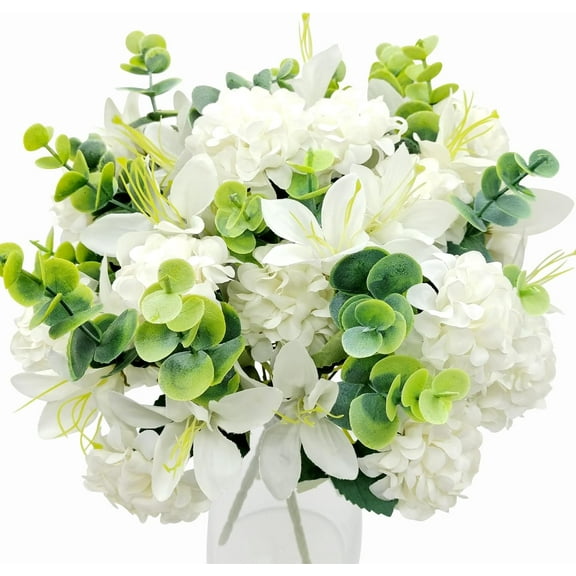 Bundles Artificial Chrysanthemum Balls with Lily Flowers Fake Silk Hydrangea Floral Decoration for Wedding Centerpiece Bouquet Indoor Table Vase Home Outdoor Arrangement (White)