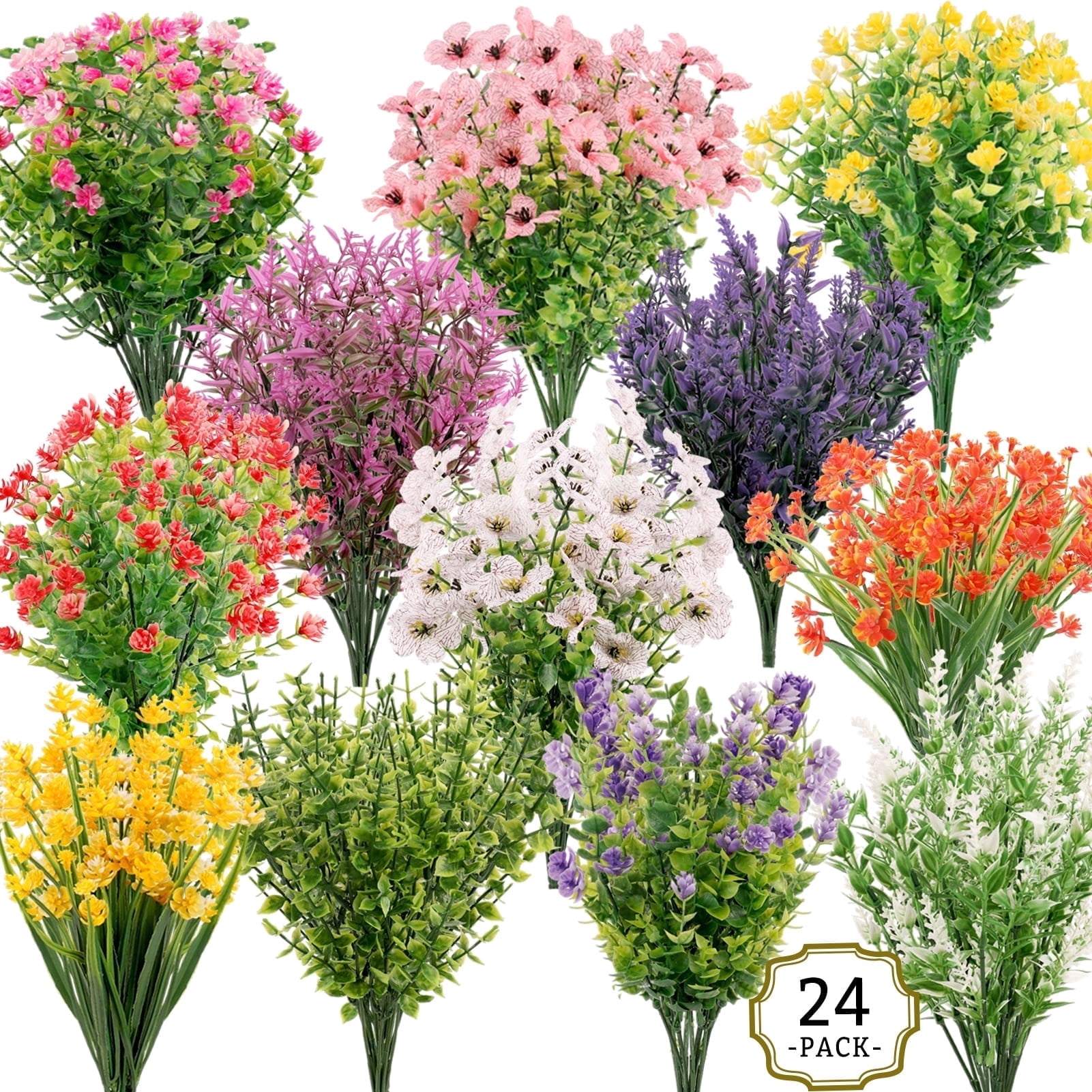 CandWuom 24 Bundles Artificial Flowers for Outdoors/Indoors, Fake Flowers Plants for Indoor Outside Decor Garden Porch Window Box Home Wedding Farmhouse(12 Color)
