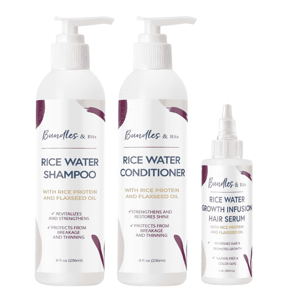 Bundles & Bits Cleansing Shampoo, Conditioner and Serum Set with Rice Water, Natural, 3 Piece
