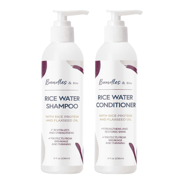 Bundles & Bits Strengthening Shampoo Plus Conditioner Set with Rice Protein, Flaxseed Oil, 2 Piece Set