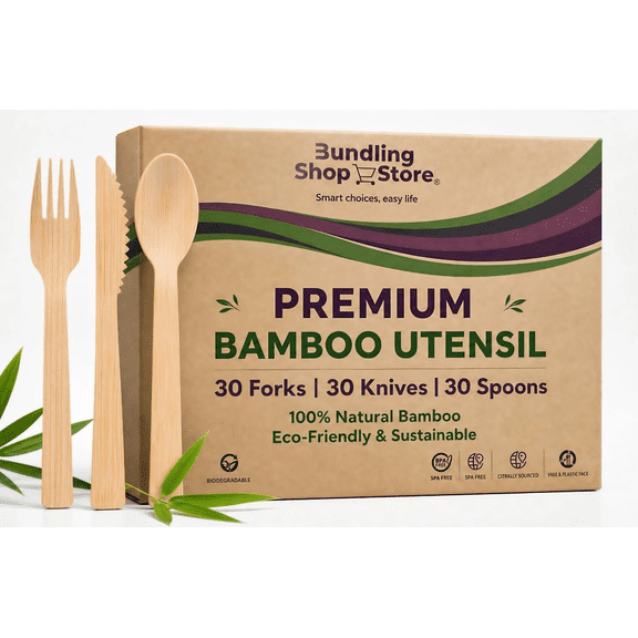 Bundling Shop Store - Reusable Bamboo Utensil Set 90 Eco-Friendly Portable Wooden Cutlery for Travel, Camping, Office Lunches & Picnics Lightweight, Durable & Dishwasher Safe
