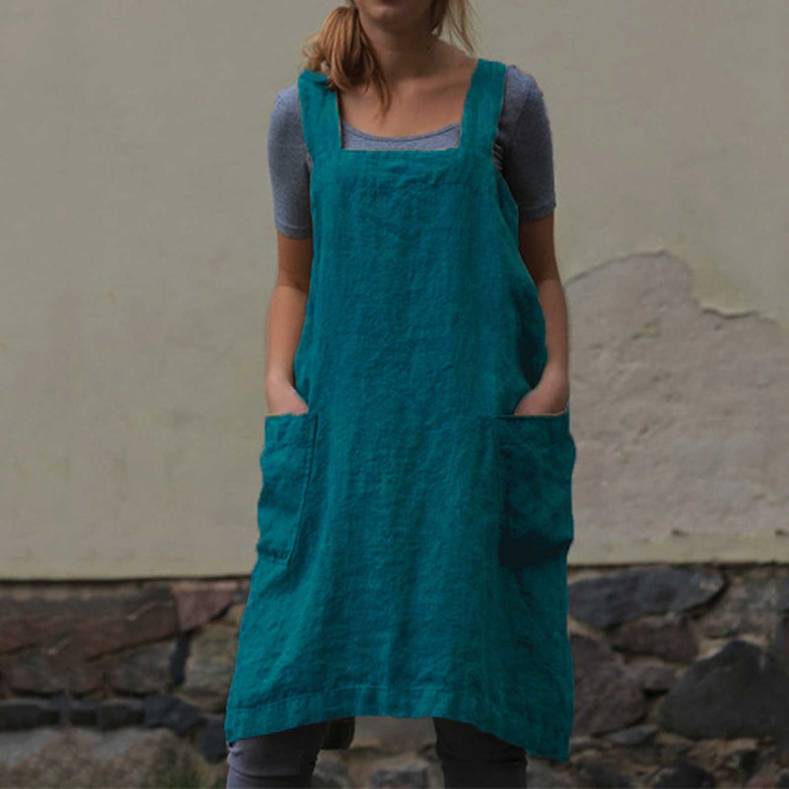Women's Cotton Linen Cross-Back Apron With Pockets – Waterproof Pinafore Dress For Gardening, Kitchen, Café, Waitress (One Size)