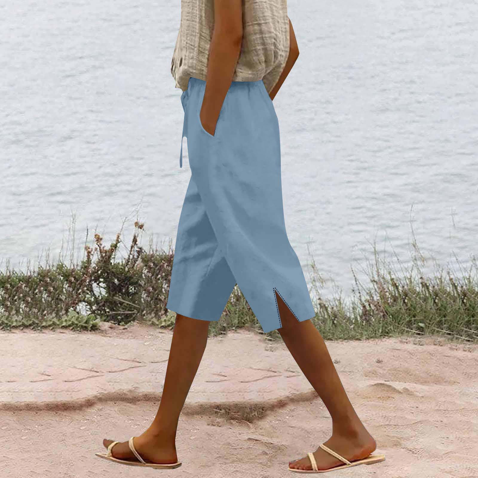Bunenne Linen Capri Pants for Women Petite Linen Pants Women's Summer ...