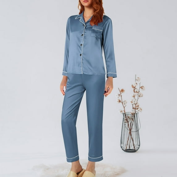 Bunenne Silk Pajamas for Women Button Up Pajamas for Women 2 Piece Lounge Set Women Sleepwear for Women Silk Satin Pajamas Set 2 Piece Silk Pjs Long Sleeve Top Sleepwear Silky Pajamas Navy M