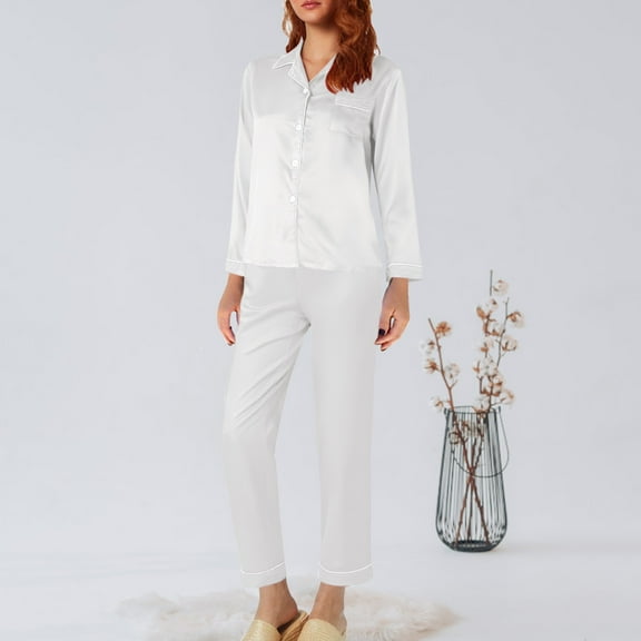 Bunenne Silk Pajamas for Women Button Up Pajamas for Women Ladies Pajamas Sets Silk Satin Pajamas for Women Set 2 Piece Silk Pjs Long Sleeve Top Sleepwear Silky Pajamas White XL