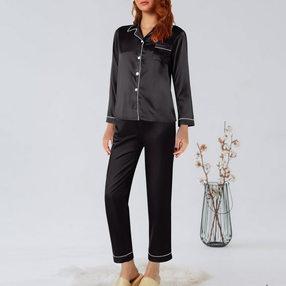 Bunenne Silk Pajamas for Women Button Up Pajamas for Women Womens Summer Pajamas Sets Silk Satin Pajamas for Women Set 2 Piece Silk Pjs Long Sleeve Top Sleepwear Silky Pajamas Black L