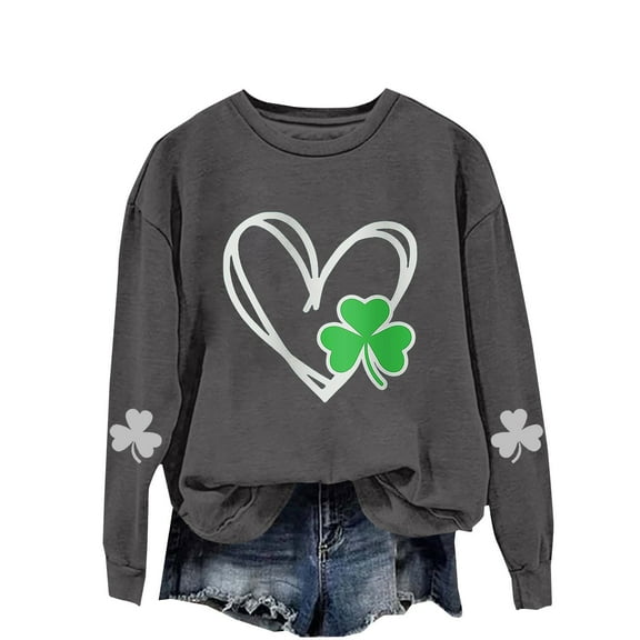 Bunenne St Patrick Day Sweatshirts Shamrock Sweatshirt St. Day Round Neck Long Sleeved Casual Holiday Printed Hooded Sweatshirt Crew Sweatshirt for Women Dark Gray1 2XL