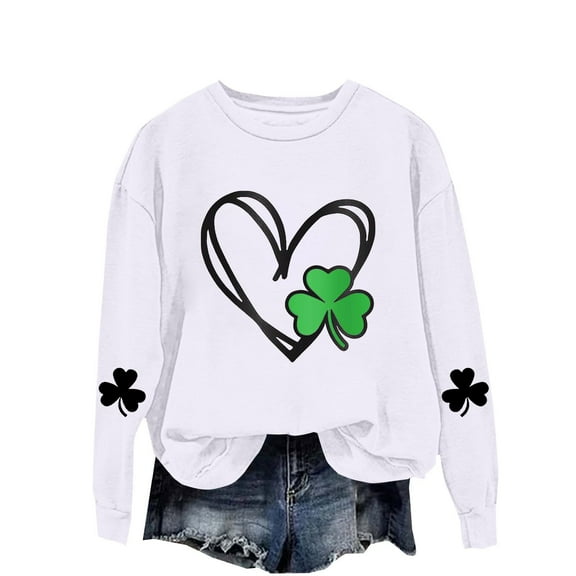 Bunenne St Patrick Day Sweatshirts Shamrock Sweatshirt St. Day Round Neck Long Sleeved Casual Holiday Printed Hooded Sweatshirt Crew Sweatshirt for Women White1 L