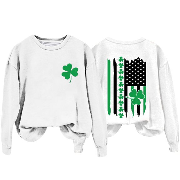 Bunenne St Patrick Day Sweatshirts Shamrock Sweatshirt Women's Fashion Casual Saint Printed Long Sleeved Round Neck Hoodie Crew Sweatshirt for Women White1 4XL