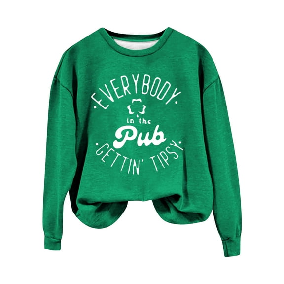 Bunenne St Patrick Day Sweatshirts Shamrock Sweatshirt Women's in the Pub Getting Green Irish Pub Art Print Pattern Casual Sweatshirt Print Top Crew Sweatshirt for Women Green1 2XL