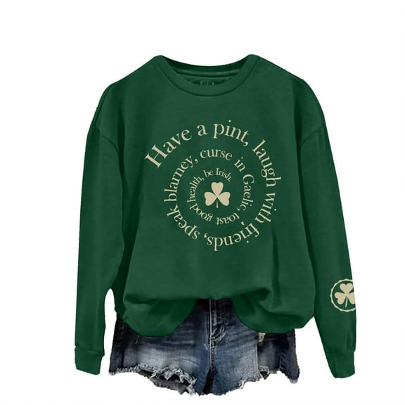 Bunenne St Patrick Day Sweatshirts Shamrock Sweatshirt Women's St. Day Print Long Sleeved Pullover Hooded Solid Color Hoodie Crew Sweatshirt for Women Army Green 3 XL