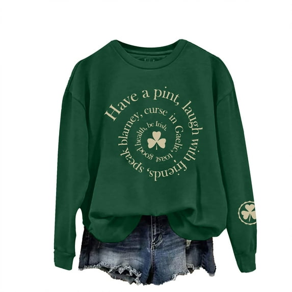 Bunenne St Patrick Day Sweatshirts Shamrock Sweatshirt Women's St. Day Print Long Sleeved Pullover Hooded Solid Color Hoodie Crew Sweatshirt for Women Army Green 3 L