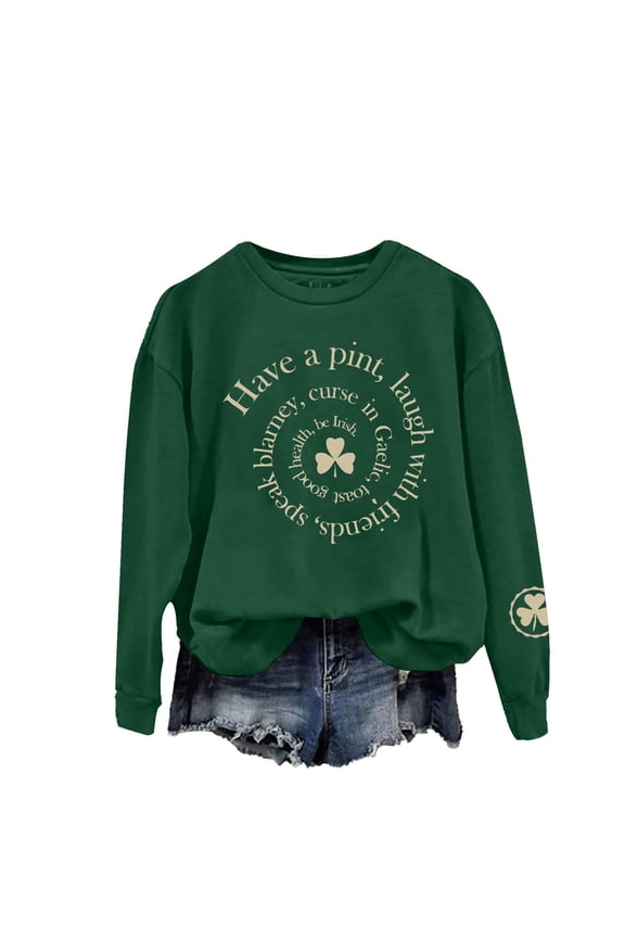 St Patrick Day Sweatshirts Shamrock Sweatshirt Women's St. Day Print Long Sleeved Pullover Hooded Solid Color Hoodie Crew Sweatshirt for Women Army Green 3 XL