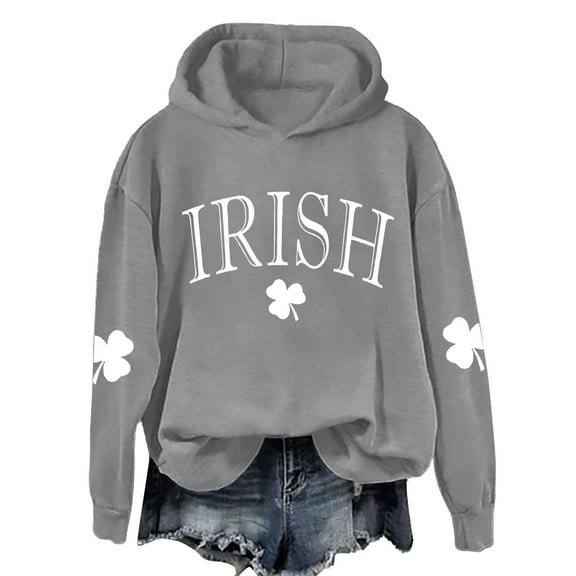 Bunenne St Patrick Day Sweatshirts Shamrock Sweatshirt Women's St. Day Print Long Sleeved Pullover Hooded Solid Color Hoodie Hoodies for Women Grey1 M