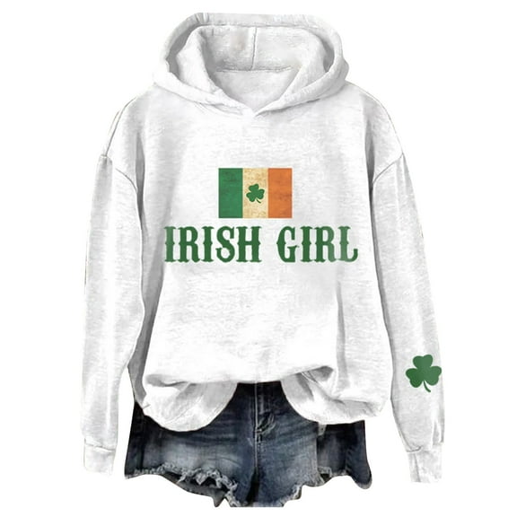 Bunenne St Patrick Day Sweatshirts Shamrock Sweatshirt Women's St. Pa Trick's Day Irish Girl Print Hoodie Hoodies for Women White1 3XL