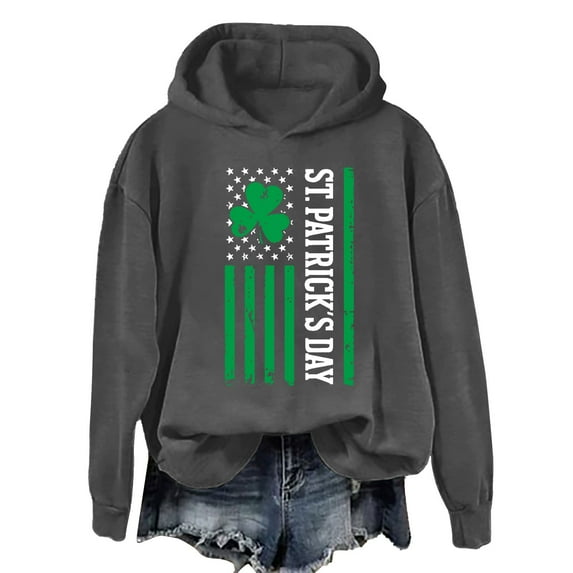 Bunenne St Patrick Day Sweatshirts Shamrock Sweatshirt Women's St. Day Print Long Sleeved Pullover Hooded Solid Color Hoodie Hoodies for Women Dark Gray2 M