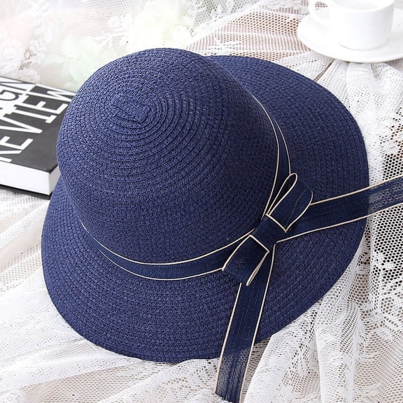 Bunenne Straw Hats for Women Wide Brim Hats for Women Womens Sun Hat Ladies Women Casual Wide Brimmed Beach Hat Parent-child Outing Hat Boho Hats for Women Derby Hats for Women Navy M