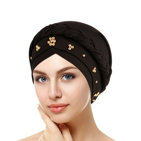 Bunenne Turbans for Women Head Wraps for Women Head Scarf Braid Hat Headwear Women Cap Beaded Turban Wrap Headscarf Caps Head Coverings for Women Hair Bonnet Black One Size
