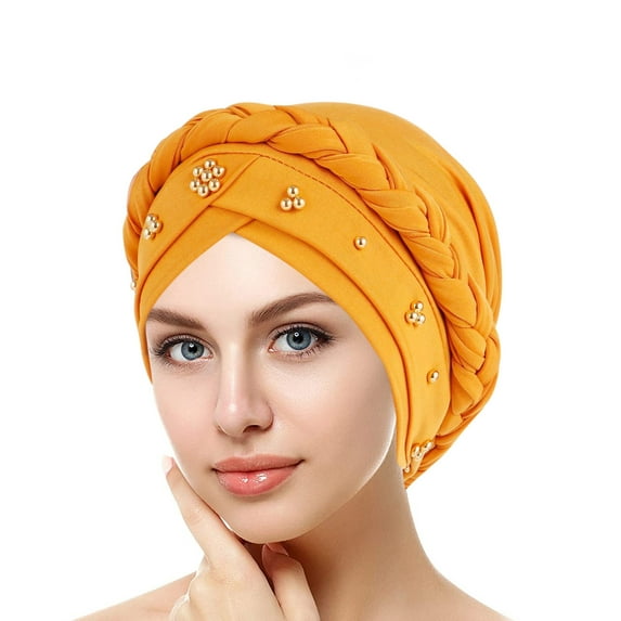 Bunenne Turbans for Women Head Wraps for Women Head Scarf Braid Hat Headwear Women Cap Beaded Turban Wrap Headscarf Caps Head Coverings for Women Hair Bonnet Yellow One Size