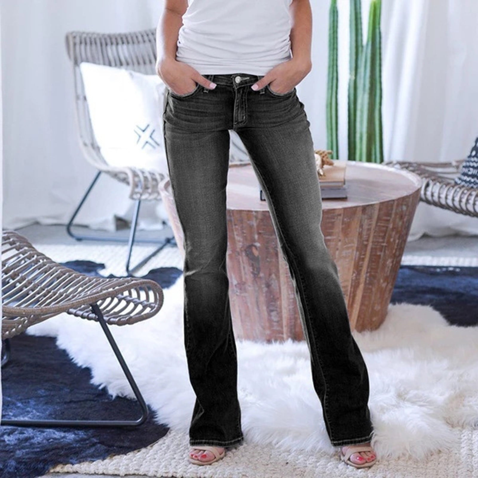 Bunenne Womens Flare Jeans Dark Wash Jeans Women Mid Waist Wash Bell ...
