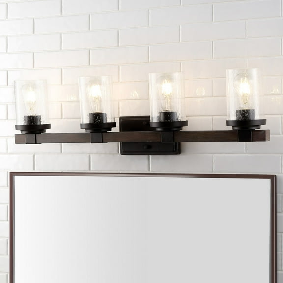 JONATHAN Y Bungalow 32" 4-Light Iron/Seeded Glass Rustic Farmhouse LED Vanity Light, Oil Rubbed Bronze