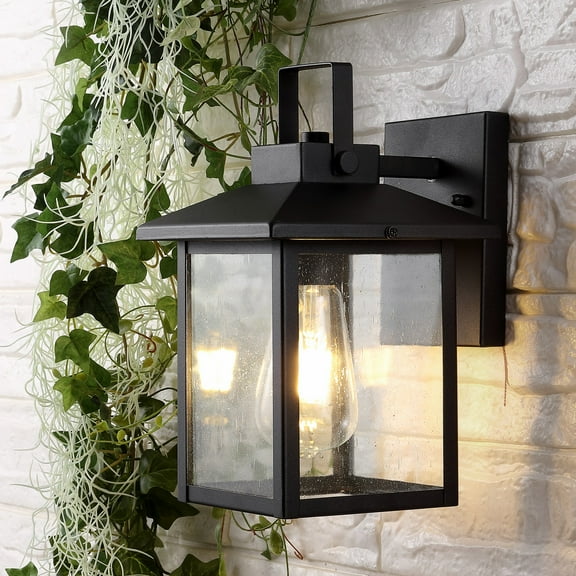 JONATHAN Y Bungalow 6.75" 1-Light Iron/Seeded Glass Rustic Traditional Lantern LED Outdoor Sconce, Black (Set of 2)