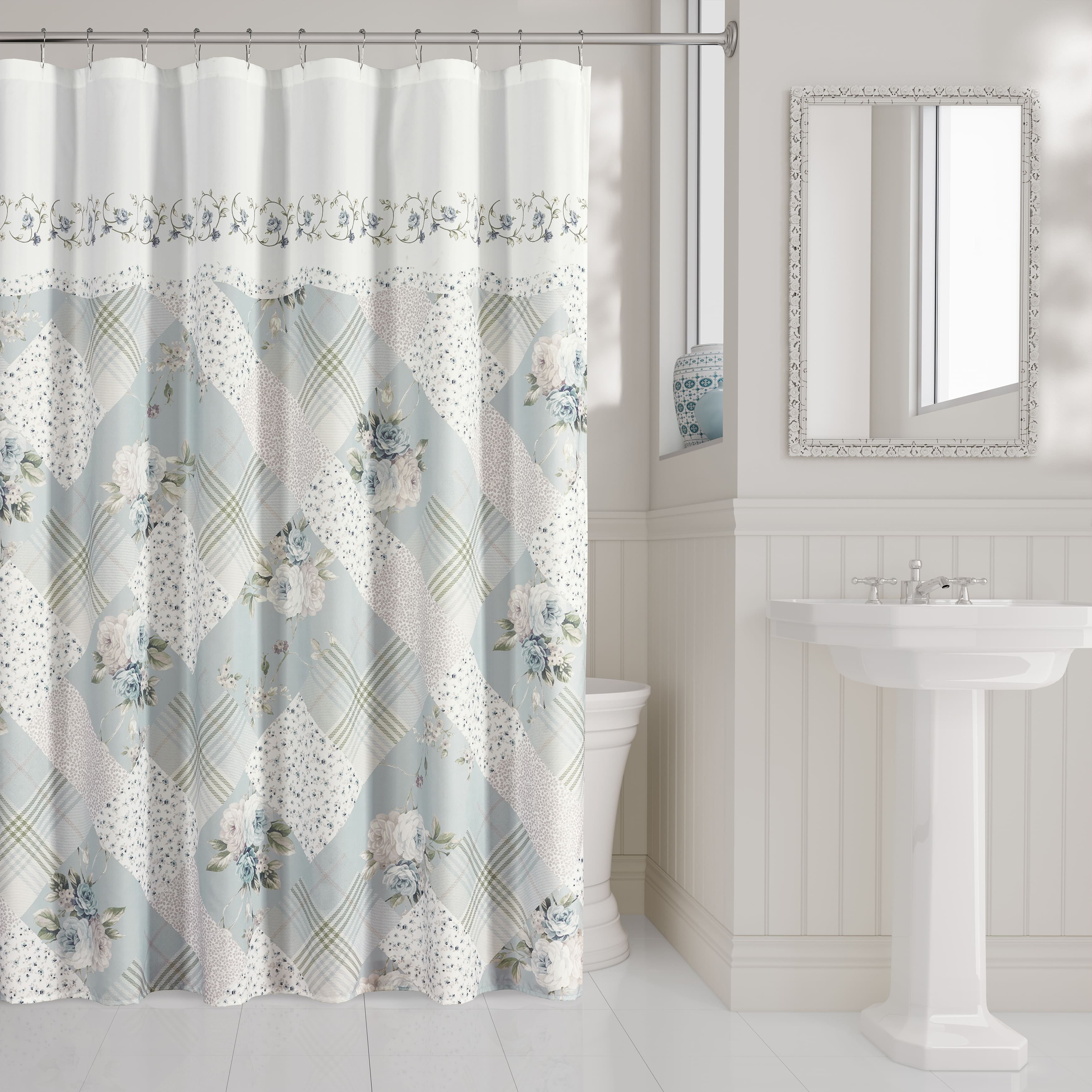 Spa Blue and White Floral Patchwork Polyester Shower Curtain 70 x 72 in.
