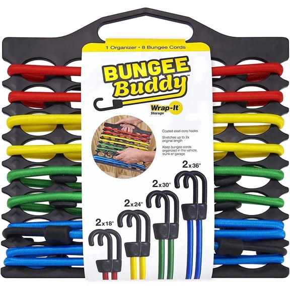 Bungee Buddy by Wrap-It Storage - Bungee Cord Organizer + 8 Assorted Size Bungee Cords - Steel Core Hooks for Heavy Duty Outdoor Use