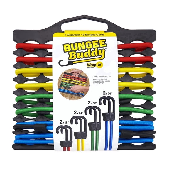 Wrap-It Storage Bungee Buddy Organizer - 8 Bungee Cords (18", 24", 30" & 36") + Bungee Cord Organizer - Steel Core Hooks for Heavy Duty Outdoor Use