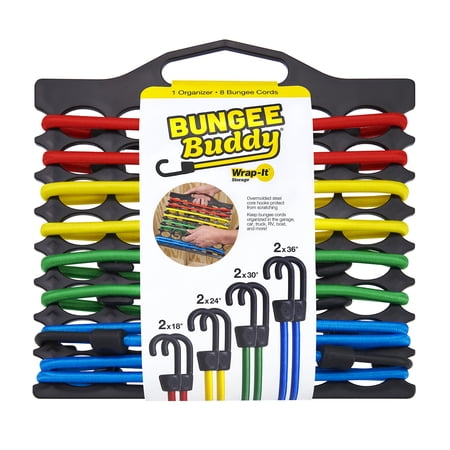 Wrap-It Storage Bungee Buddy Organizer + 8 Bungee Cords (18", 24", 30" & 36") - Steel Core Hooks for Heavy Duty Outdoor Use