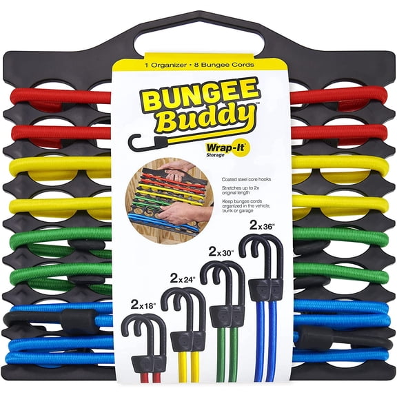 Bungee Buddy by - Bungee Cord Organizer + 8 Assorted Size Bungee Cords - Steel Core Hooks for Heavy Duty Outdoor Use