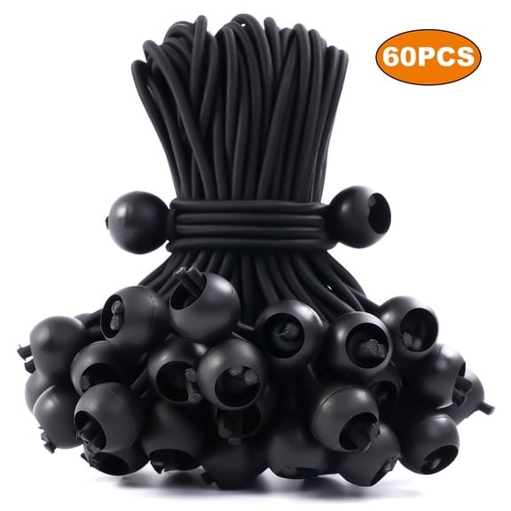 Bungee Cords with Balls, 60 Pcs Stretchable and Durable Ball Bungee Cords, 6 Inch Heavy Duty Tarp Bungee Cords, Multipurpose Bungee Balls for Camping Tents Setup, Cargo Securing, Black