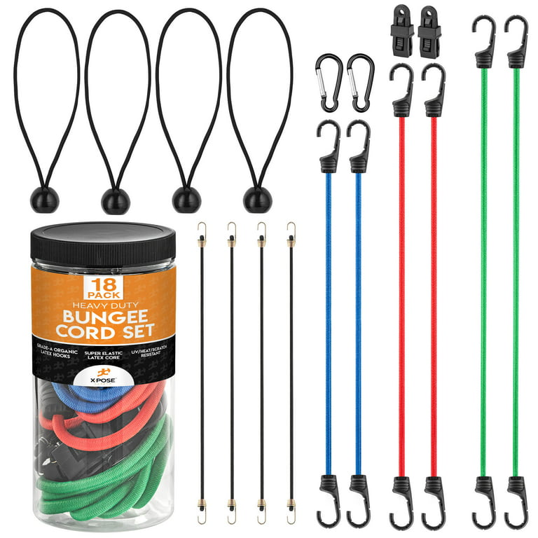 Bungee Cords Heavy Duty Outdoor - Set of 18 Bungee Cords Assorted Sizes -  32, 24, 18 Bungee Straps with Hooks, 4 Small Mini Bungee Cords, 4 Canopy