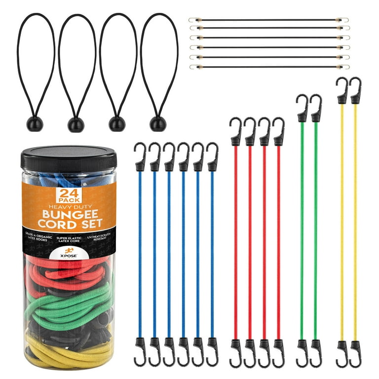 Bungee Cords Heavy Duty Outdoor - Set of 24 Bungee Cords Assorted Sizes -  40, 32, 24, 18 Bungee Straps with Hooks, 6 Small Mini Bungee Cords, 4