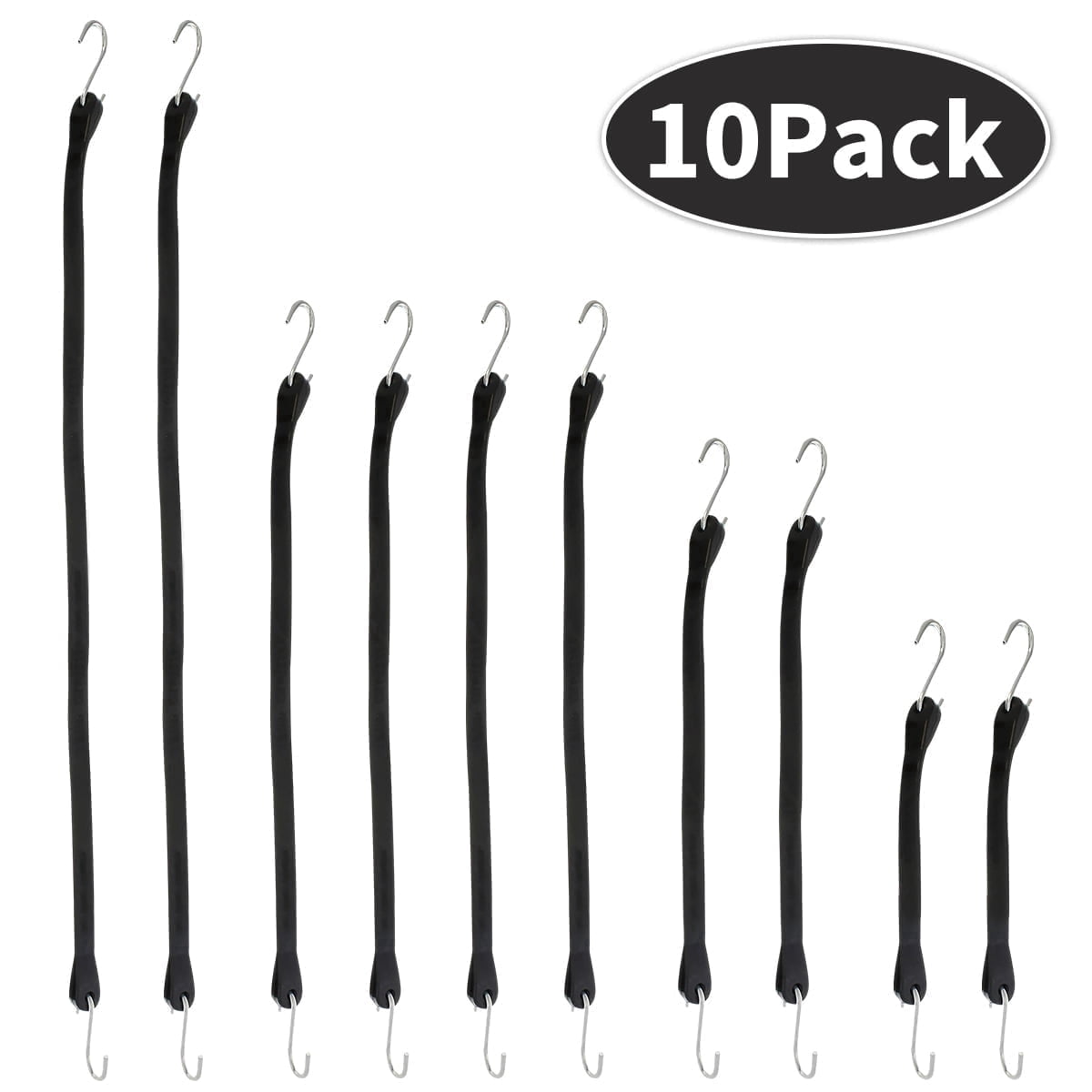 Kabuer Heavy-Duty Rubber Bungee Cords with S-Hooks, Black, 10-Pack