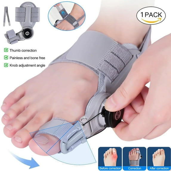 Bunion Corrector for Women Men, Adjustable Knob Double Correction Separator for Big Toe Relief Bunion Splints Hammer Orthopedic Toe Straightener with Anti-slip Heel Strap and Silicone Pad, Grey
