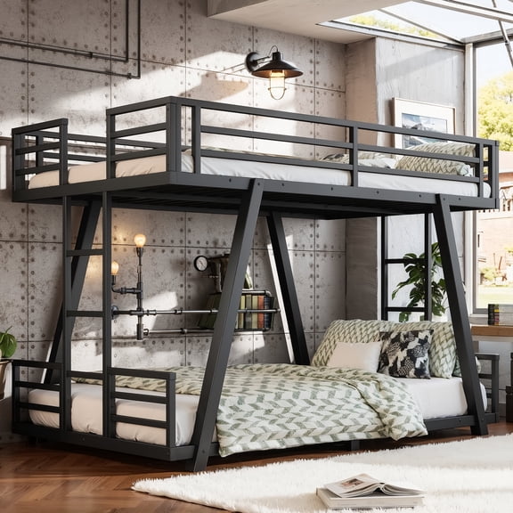 PureDashio Twin Over Twin Bunk Bed, Metal Bunk Bed with 2 Side Ladders & Guardrails, No Box Spring Needed, Low Profile Bunk Bed, Black