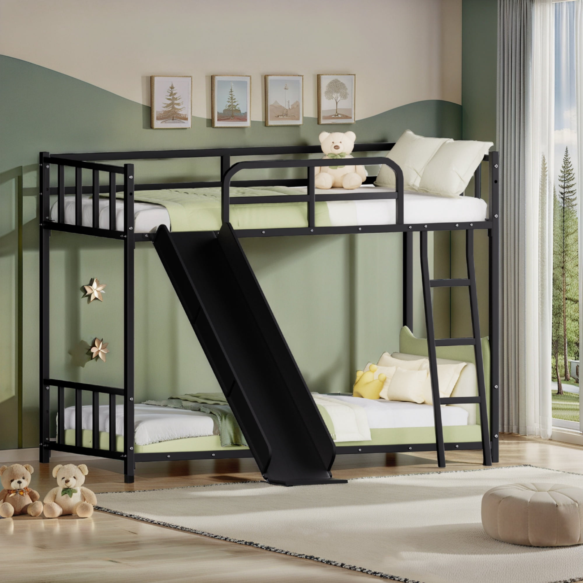 Bunk Bed 78.7 Inch, Metal Bed Frame with Ladder and Slide for Kids, Space-Saving Twin Bed for Children's Bedroom, Black