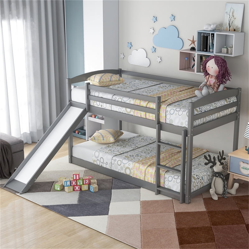 Bunk Bed with Convertible Slide for Kids Teens, Twin Over Twin Floor Bunk Bed with Ladder for