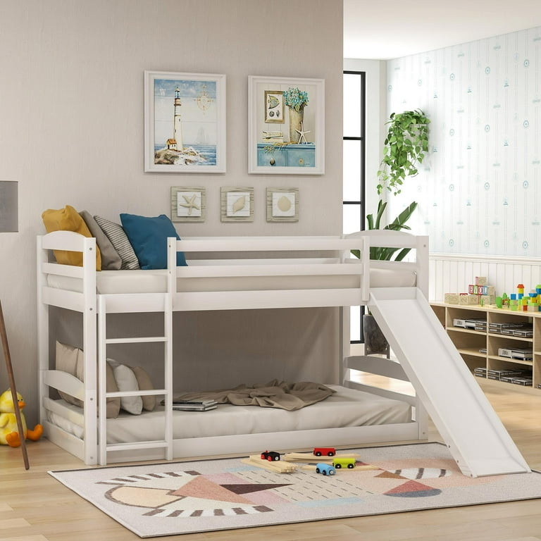 Bunk Bed with Convertible Slide for Kids Twin Over Twin Low