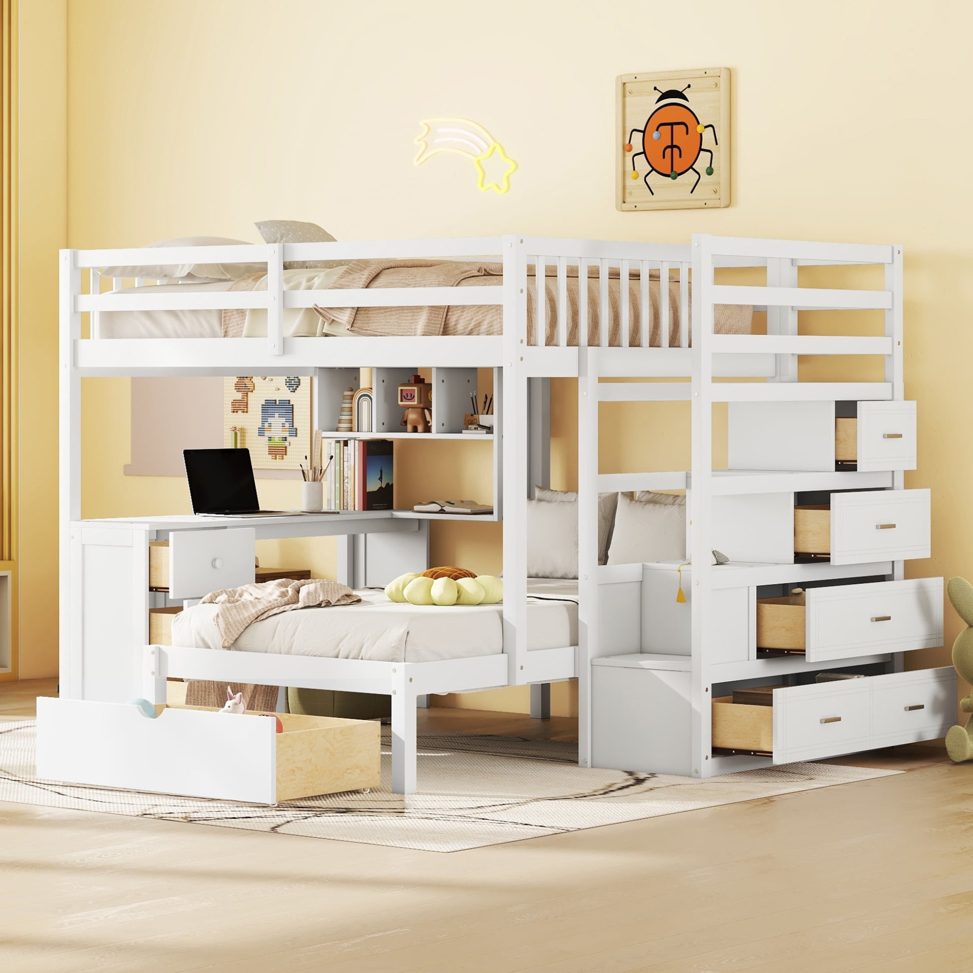 Bunk Bed with Desk Full Over Twin Size, Wooden Bunk Bed Frame with Storage  Drawers and Shelves, Modern Loft Bed with Staircase for Kids Teens Adults,  Space Saving, White - Walmart.com, image size:1950x1950