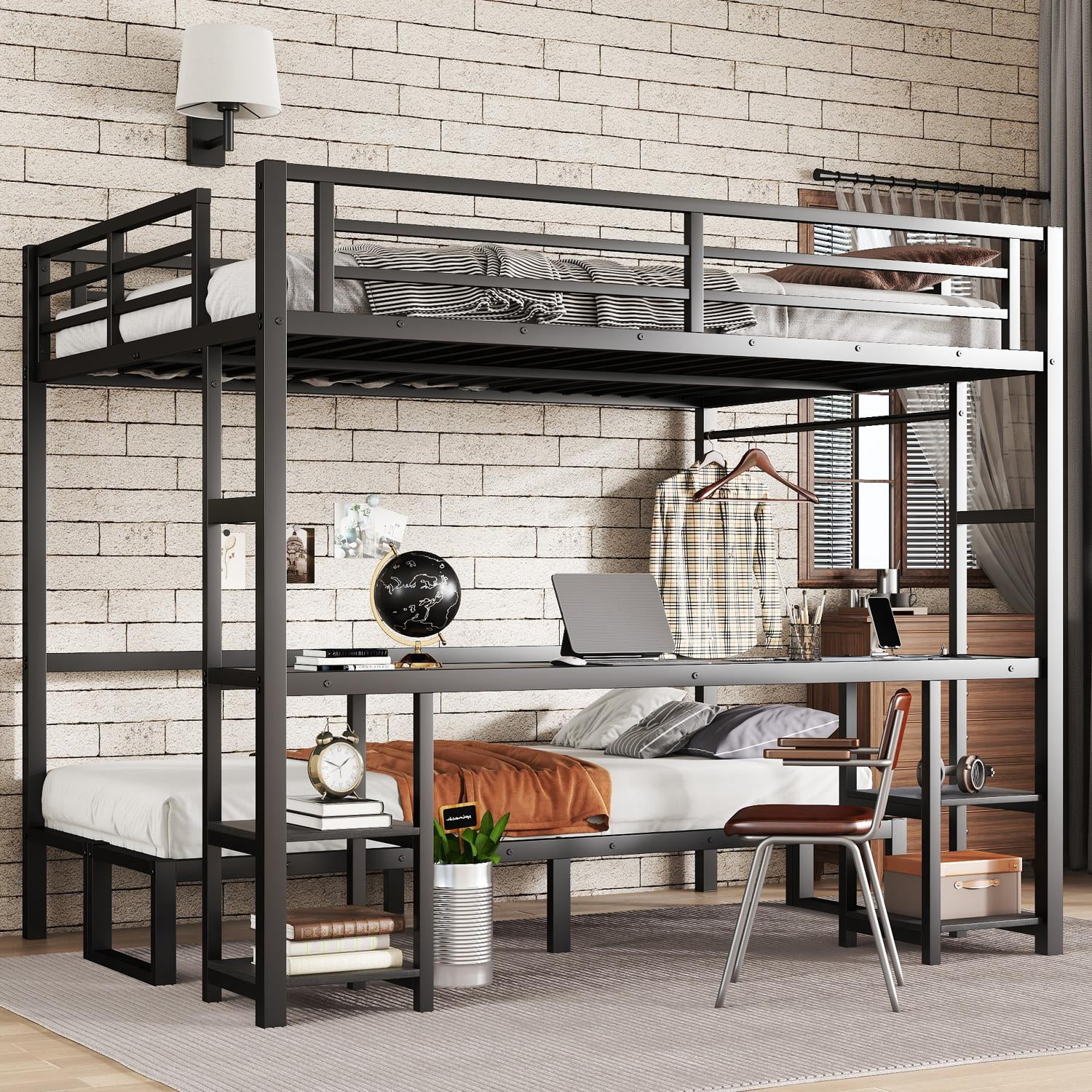 Bunk Bed with Desk, Queen over Twin XL Metal Bed, Loft Bed with Folding Sofa, LED Lights, USB, Storage Shelves, Folding Design, Black for Kids Bedroom Shared Room