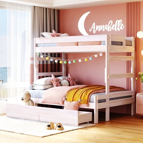 Bunk Bed with Drawers, Twin over Full Bunk Bed, Solid Wood Bunk Bed Frame with 2 Storage Drawers and Safety Guardrail for Kids Teen Adults, Space-Saving Beds with Ladders for Bedroom Dorm, White