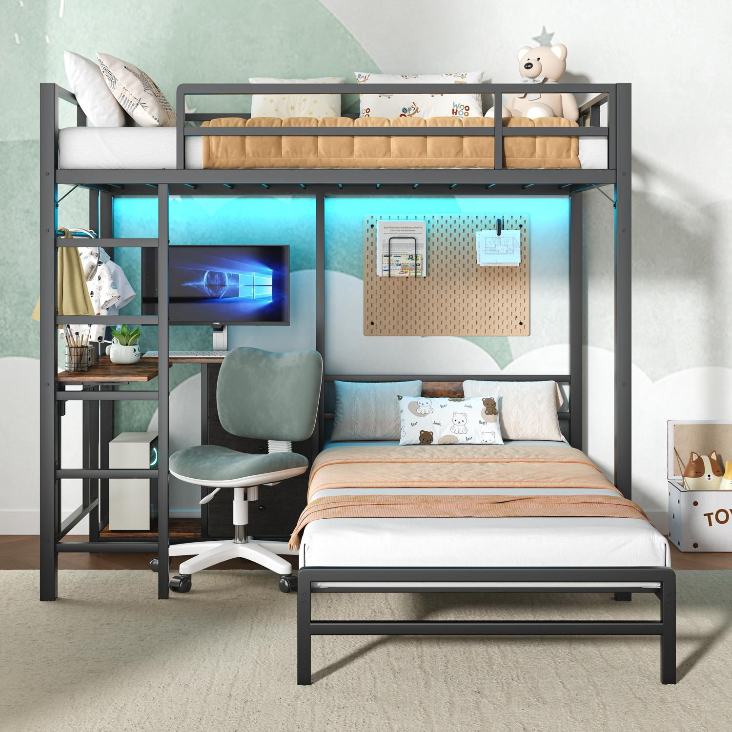 Bunk Bed with Folding Table & 3 Storage Drawers, Twin Over Twin Metal Bunk Bed with Safety Rails & Ladder, Space-Saving for All Ages, Multi-Functional, Black